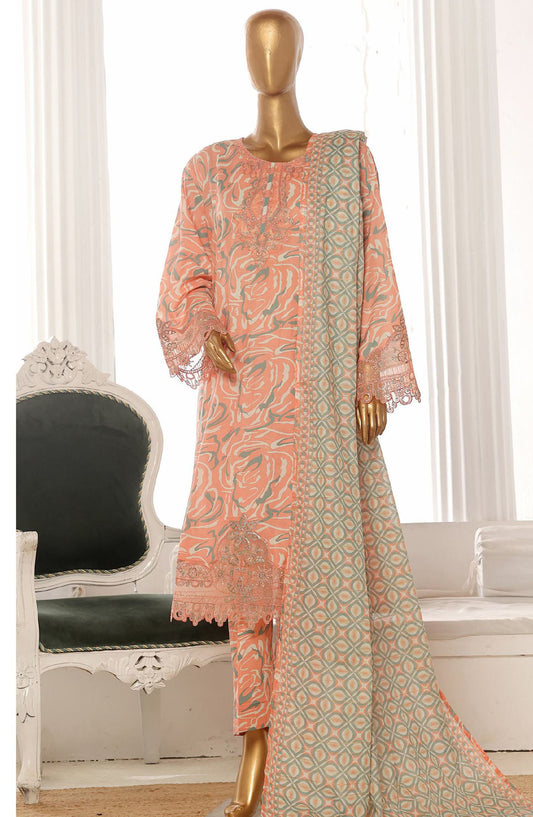 Bin Saeed Embroidered Lawn Stitched 3 Piece Frock - SM-638 - BS25LFV2 - Peach - Summer Collection
