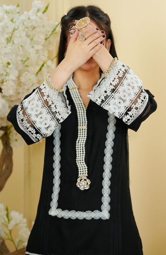 Veloure by Amna Khadija Embroidered Khaadi Net Stitched 2 Piece Suit - VLEPEW-01A - AM52VLEPEW - Black - Festive Collection