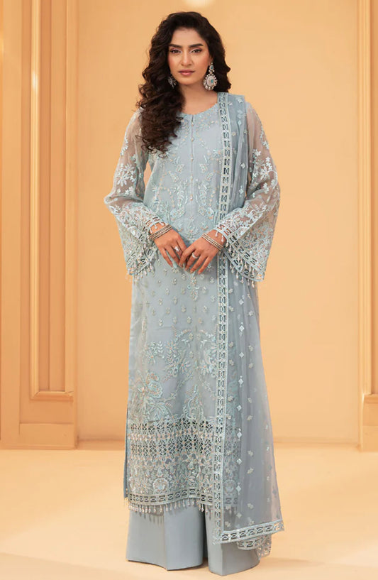 Nikhaar by Lavish Premium Embroidered Chiffon Unstitched 3 Piece Suit - Wester - LP25NIK - Blue - Formal Collection