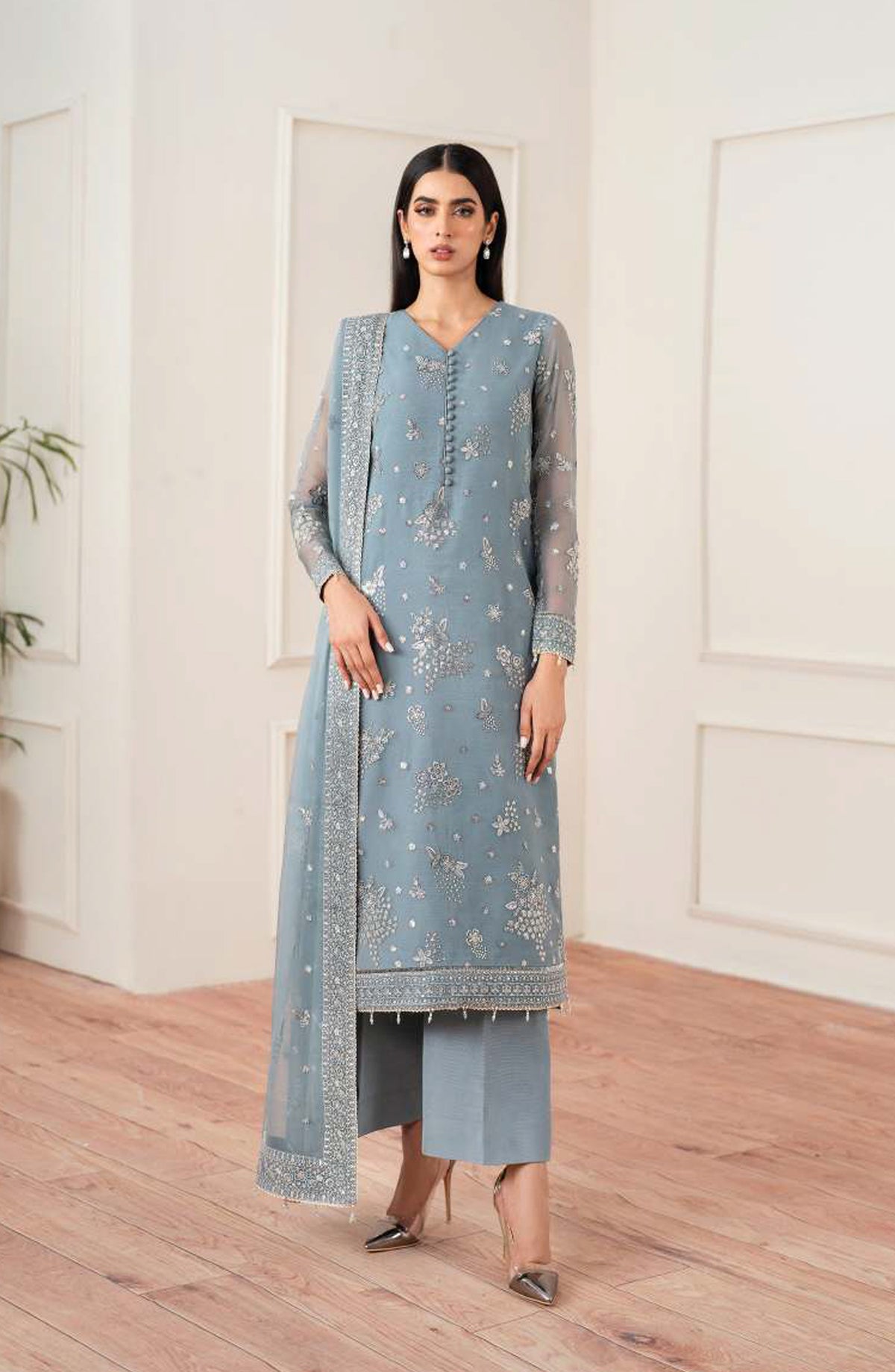 Farasha Luxury Essence Formals Embroidered Chiffon Unstitched 3 Piece Suit - Aqua Bliss - FSH25EF - Sky Blue - Festive Collection