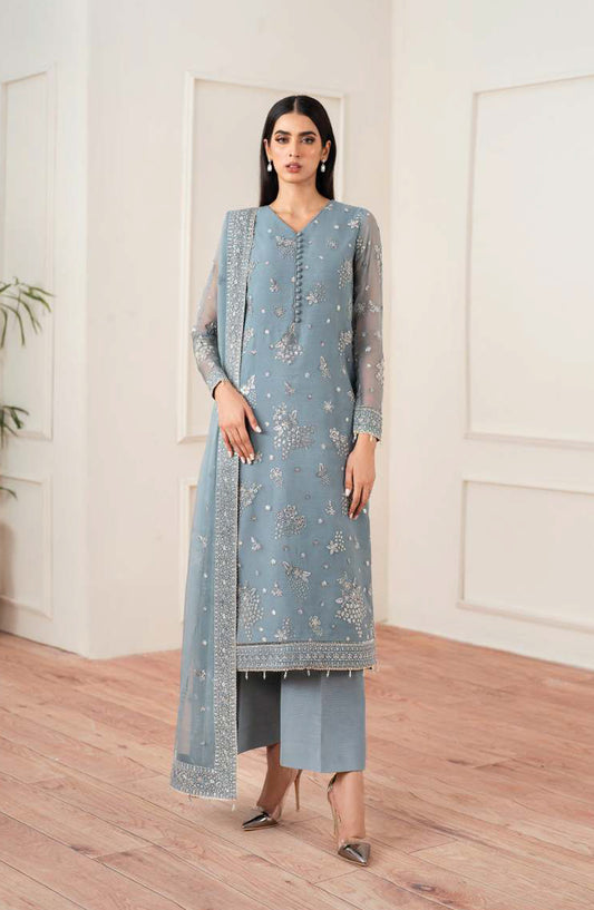 Farasha Luxury Essence Formals Embroidered Chiffon Unstitched 3 Piece Suit - Aqua Bliss - FSH25EF - Sky Blue - Festive Collection