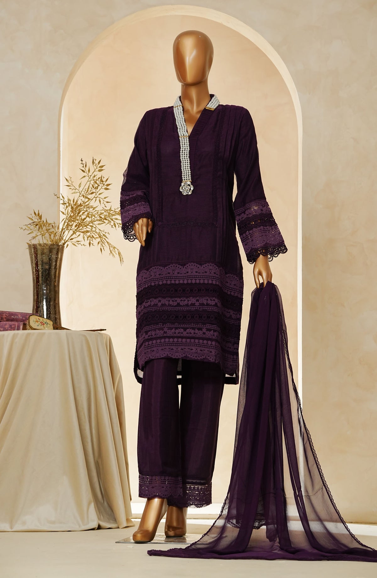 Nyra by Amna Khadija Embroidered Khaddi Net Stitched 3 Piece Suit - AM25NRA - DS BA 01 Mala-B - Purple - Festive Collection