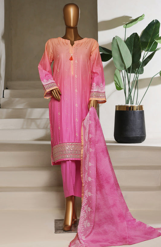 Ombre by HZ Textile Embroidered Lawn Stitched 3 Piece Suit - HZ25OMB - PSJ-032 - Coral - Summer Collection