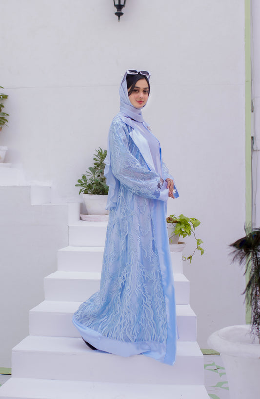 La Khilaba Luxury Wear Printed Premium Embroidered Polyester Net - Blue Luxe Abaya - LKH25LWR - Abaya Collection