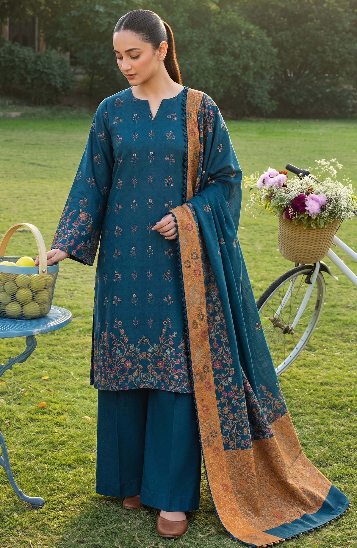 Aveline by Amna Khadija Winter Dyed Wool Printed Unstitched 3 Piece Suit - AKAW-02- AM26AWE - Blue - Winter Collection