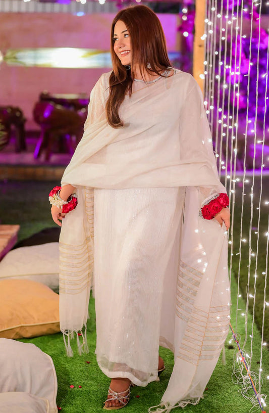 TNG Embroidered Chiffon Stitched 3 Piece Suit - AR-001791 Roushni - TNG25EC - White - Festive Collection