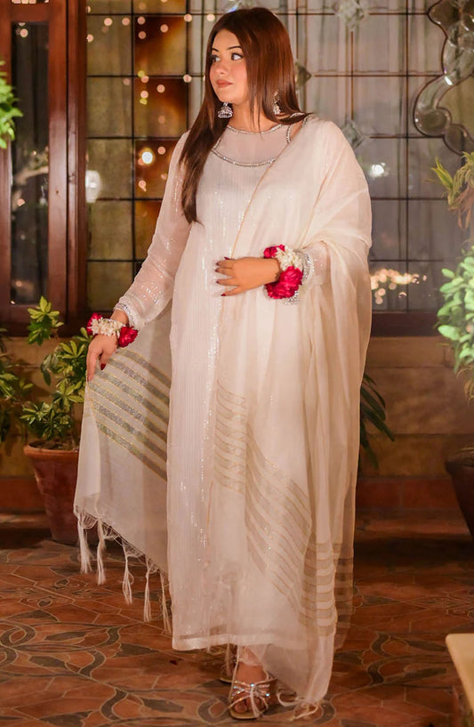 TNG Embroidered Chiffon Stitched 3 Piece Suit - AR-001791 Roushni - TNG25EC - White - Festive Collection
