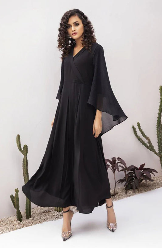 La Rosaa Solids Georgette Stitched 1 Piece Maxi - Black Crimp 1Pc - LRS25EE - Black - Eid Collection