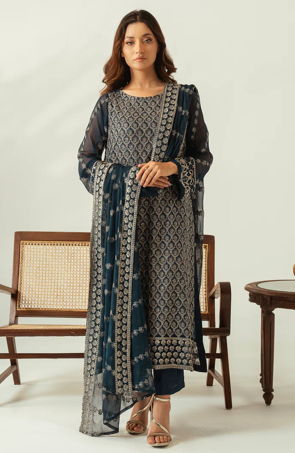 Diva by Zouj Embroidered Chiffon Unstitched 3 Piece Suit - Emerald Mist - ZJ25DFL - Blue - Festive Collection