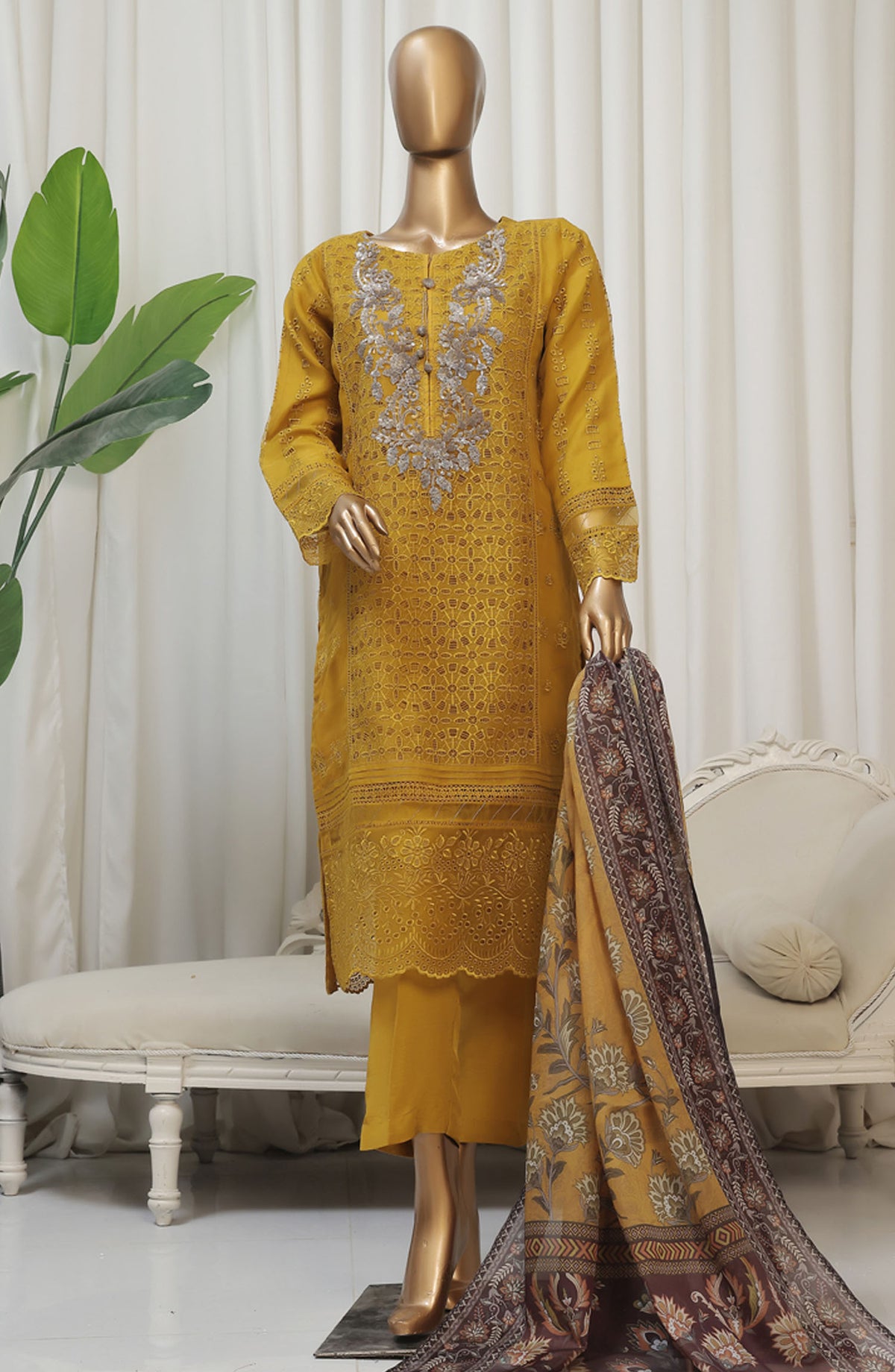 Falsafaa by HZ Textile Embroidered Organza Stitched 3 Piece Suit - HZK-178 Mustard - HZ25FHZKV6 - Mustard - Festive Collection