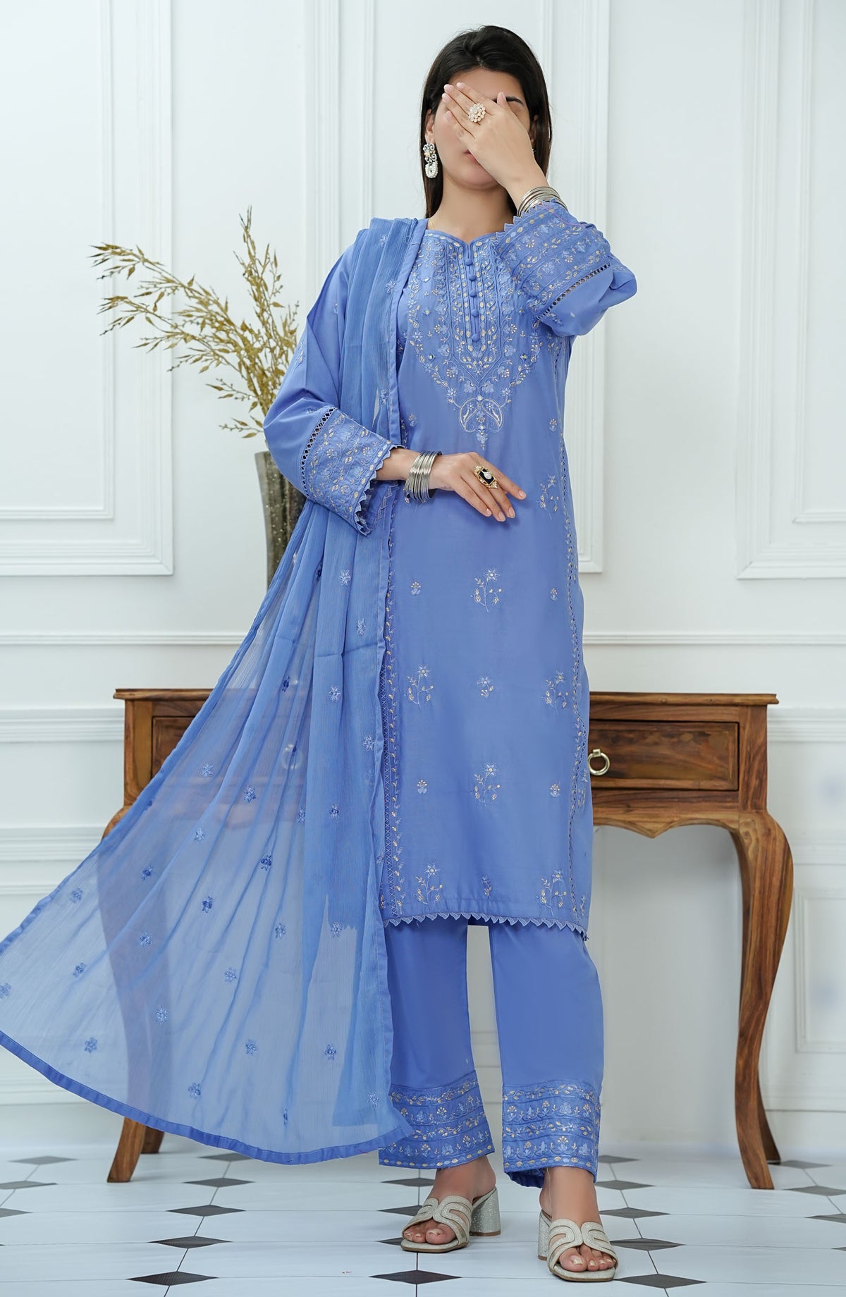 Mauve by Amna Khadija Embroidered Lawn Stitched 3 Piece Suit - MLP-08 - AM25MLPD2 - Blue - Summer Collection