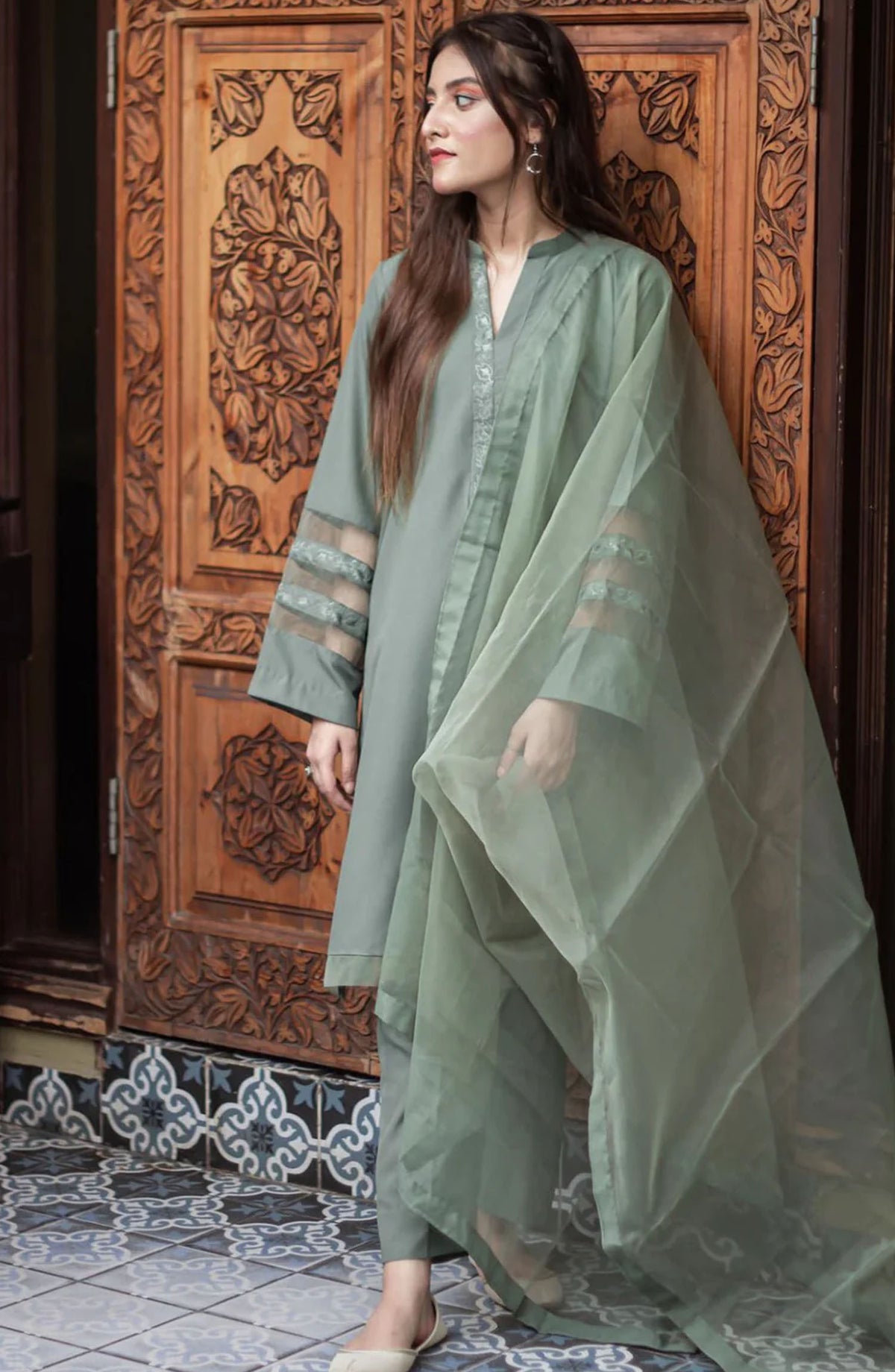 Zauk Georgette Stitched 3 Piece Suit - Olive Green - ZK25FC - Green - Festive Collection