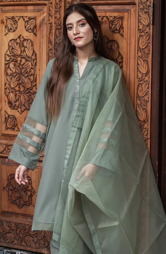 Zauk Georgette Stitched 3 Piece Suit - Olive Green - ZK25FC - Green - Festive Collection