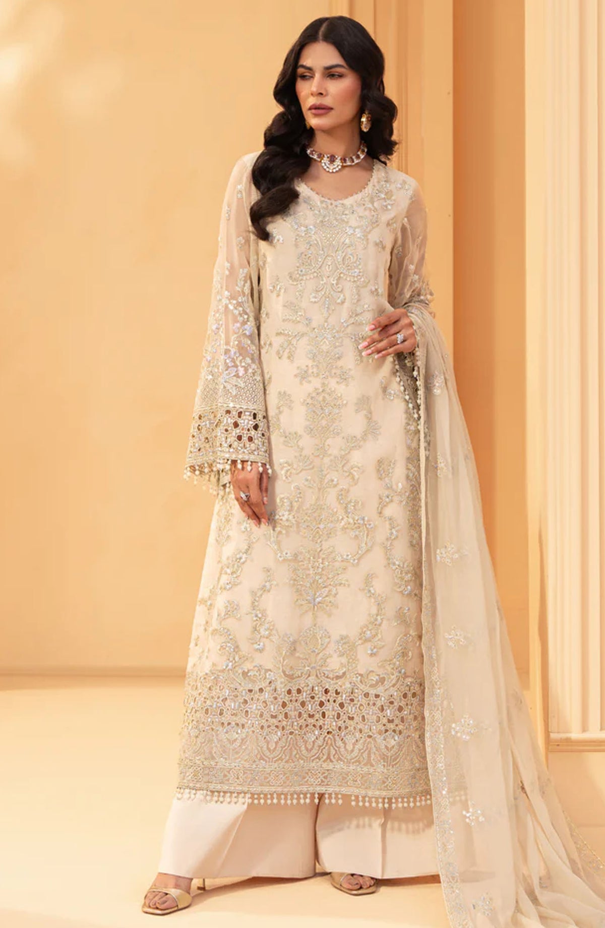 Nikhaar by Lavish Premium Embroidered Chiffon Unstitched 3 Piece Suit - Pearl Bush - LP25NIK - Fawn - Formal Collection