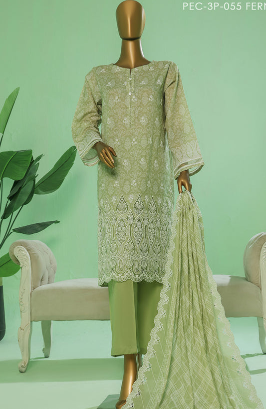 HZ Textile Chikankari Lawn Stitched 3 Piece Suit - PEC-3P-055 Fern Green - HZ25PTKV3 - Green - Eid Collection