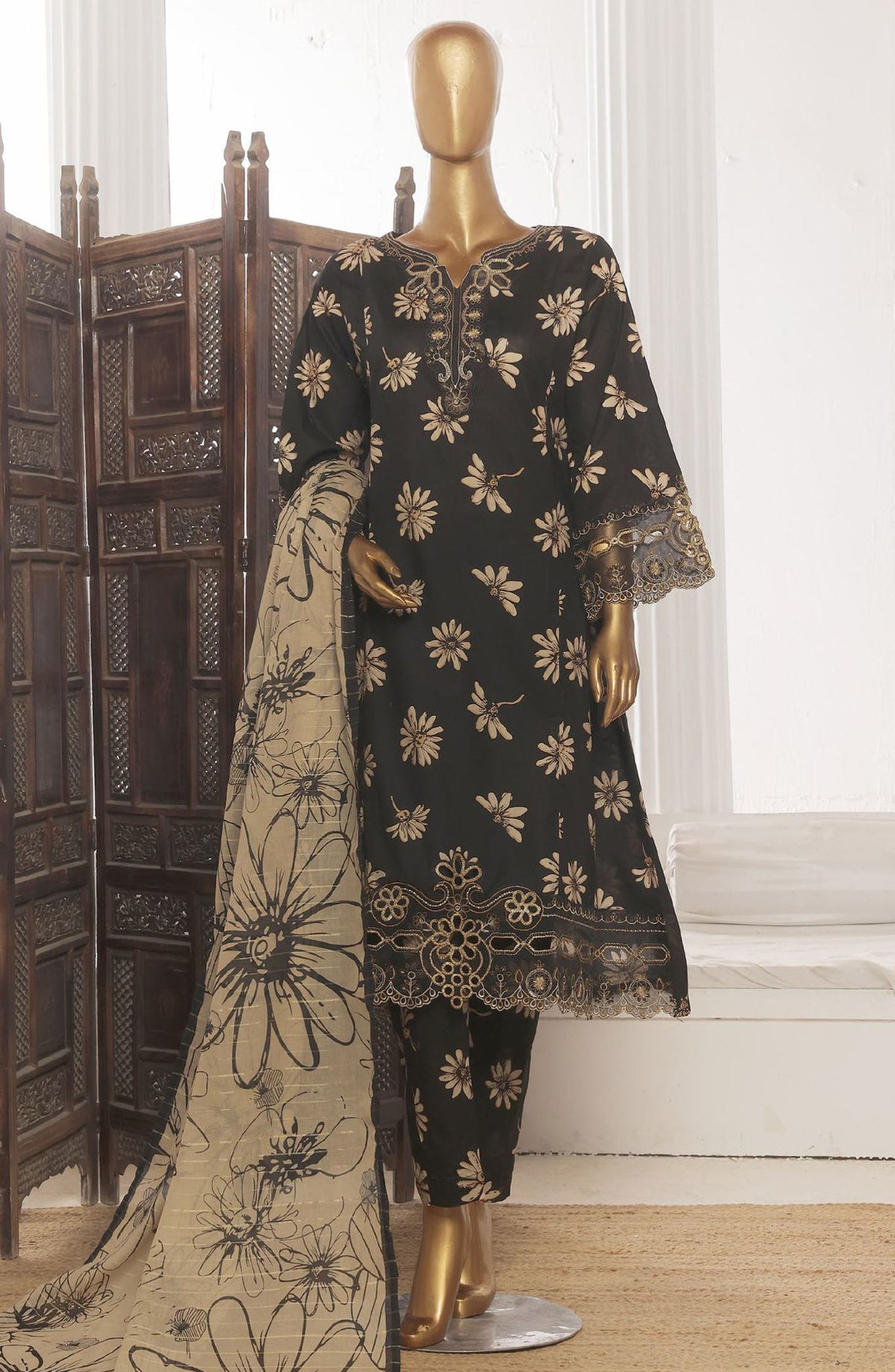 Bin Saeed Embroidered Lawn Stitched 3 Piece Frock - SM-629 - BS25LFV3 - Black - Summer Collection