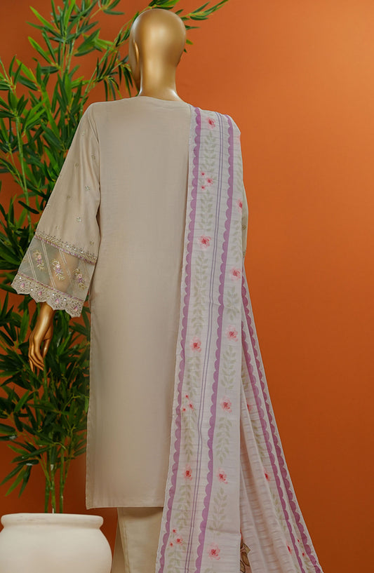 HZ Textile Embroidered Cotton Stitched 3 Piece Suit - SSE-106 Sand Beige - HZ25MUV1 - Grey - Summer Collection