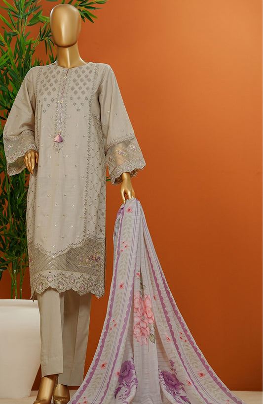 HZ Textile Embroidered Cotton Stitched 3 Piece Suit - SSE-106 Sand Beige - HZ25MUV1 - Grey - Summer Collection