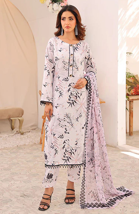 Bloom by Nazmina Printed Lawn Stitched 3 Piece Suit - Stellar Vision (LD-48) - NZM25BL - White - Summer Collection