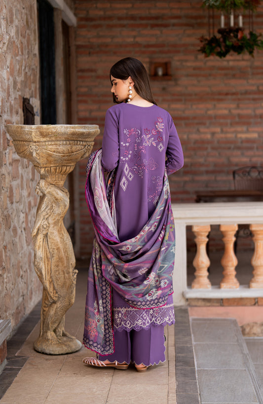 Florent Serenity Embroidered Karandi Unstitched 3 Piece Suit - 03 Zinnia - FL26SNT - Purple - Winter Collection