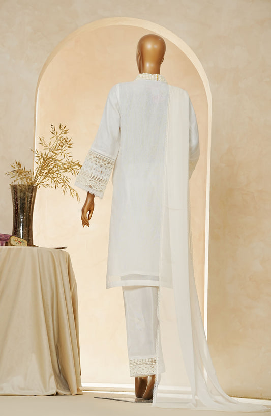 Nyra by Amna Khadija Embroidered Khaddi Net Stitched 3 Piece Suit - AM25NRA - DS BA 01 Mala-C - White - Festive Collection