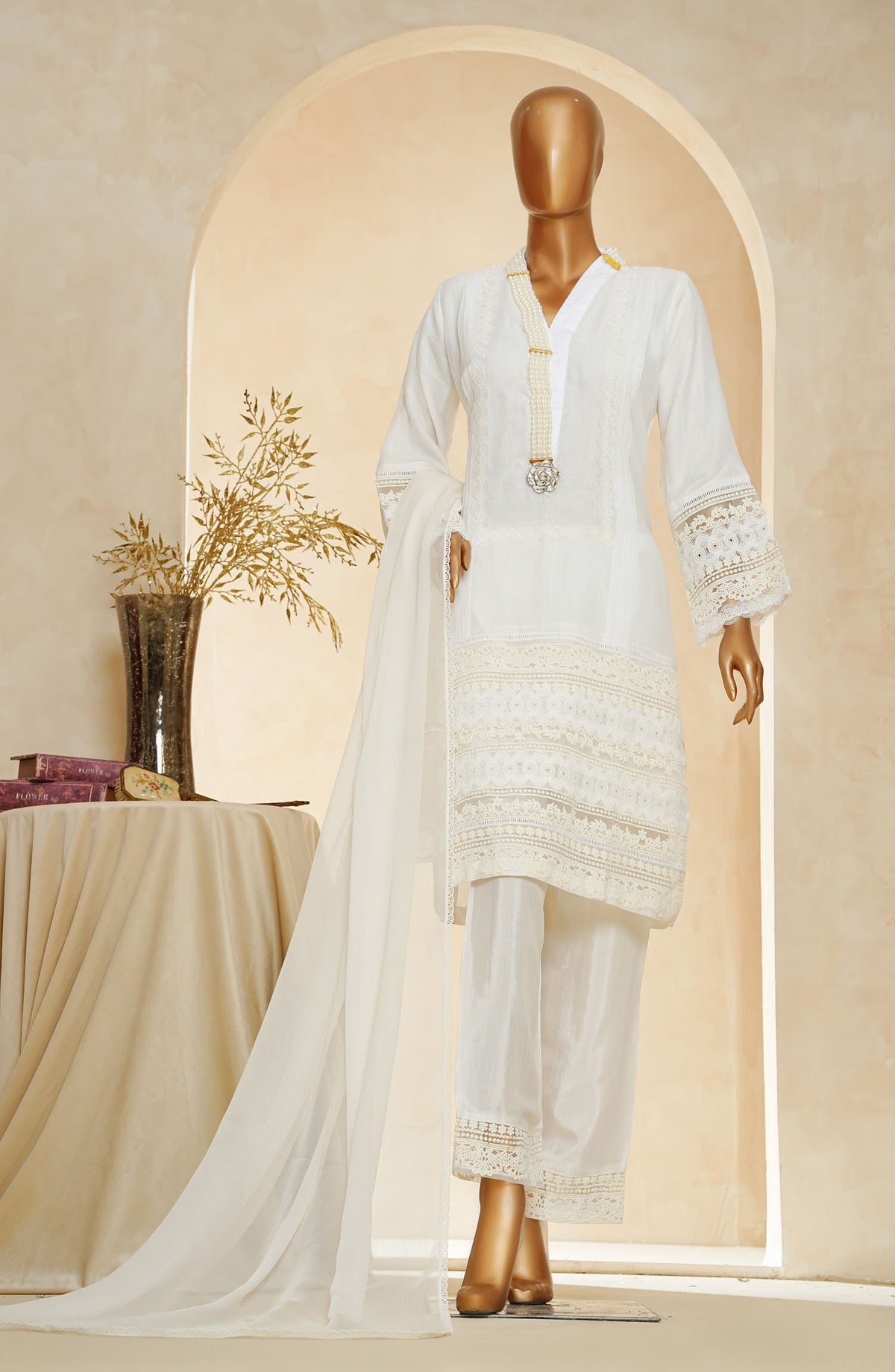 Nyra by Amna Khadija Embroidered Khaddi Net Stitched 3 Piece Suit - AM25NRA - DS BA 01 Mala-C - White - Festive Collection