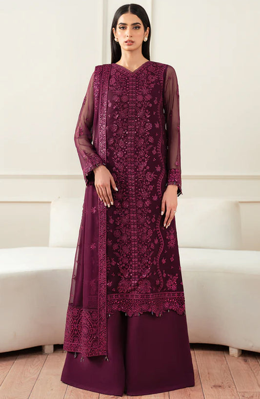 Farasha Luxury Essence Formals Embroidered Chiffon Unstitched 3 Piece Suit - Regal Violet - FSH25EF - Purple - Festive Collection