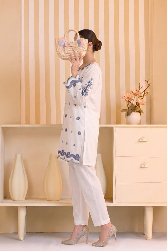 Mulaqaat By Amna Khadija Embroidered Cotton Stitched 2 Piece Co-Ord Set - AKMEC-12 - AM26MULQD3 - White - Summer Collection