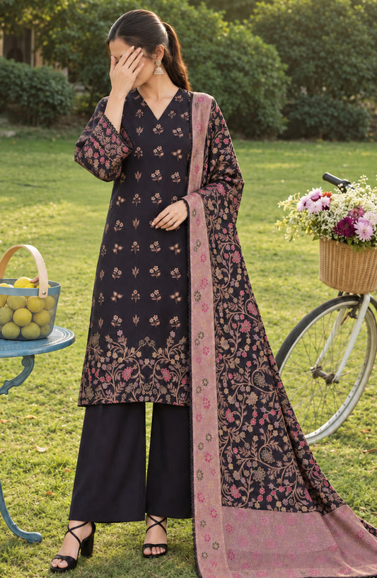 Aveline by Amna Khadija Winter Dyed Wool Printed Unstitched 3 Piece Suit - AKAW-03 - AM26AWE - Black - Winter Collection