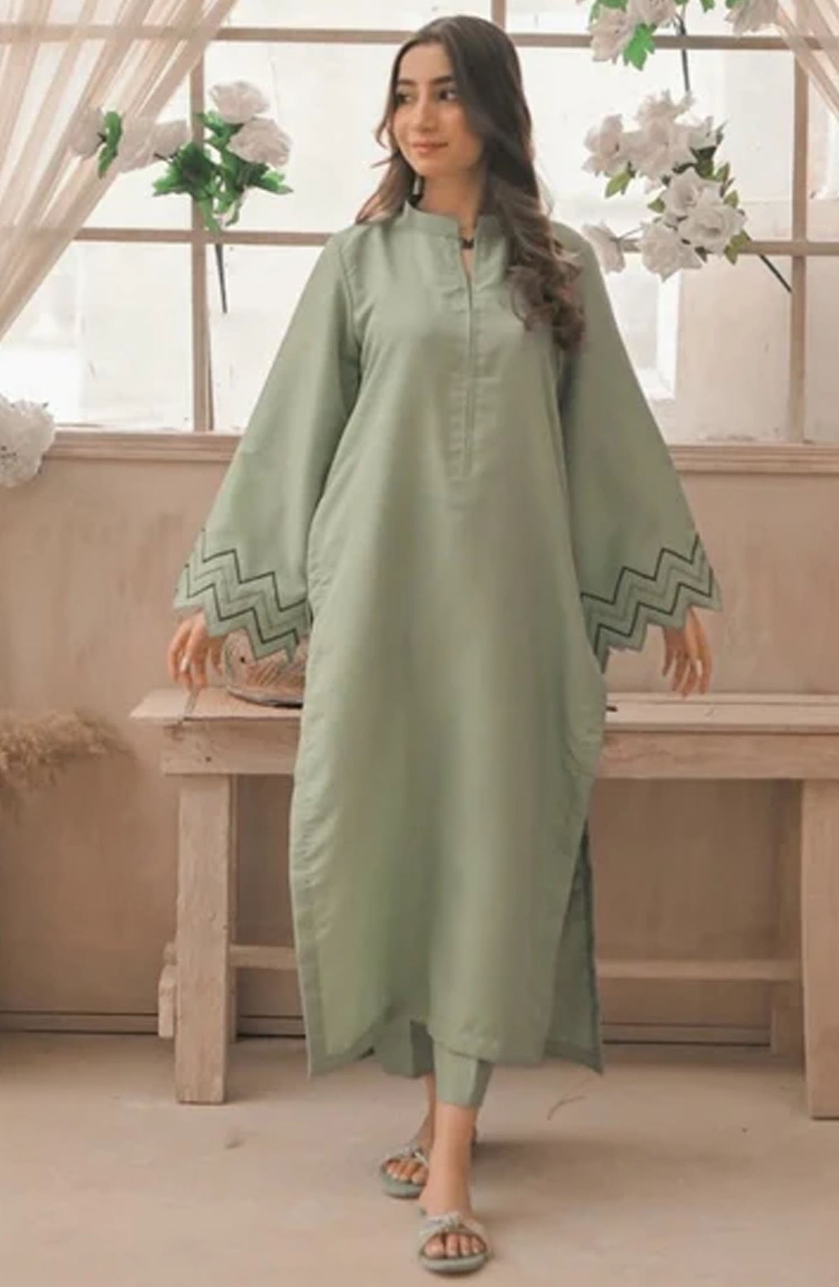 Zauk Rawsilk Stitched 2 Piece Suit - Apple Green - ZK25FC - Green - Festive Collection