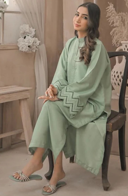 Zauk Rawsilk Stitched 2 Piece Suit - Apple Green - ZK25FC - Green - Festive Collection