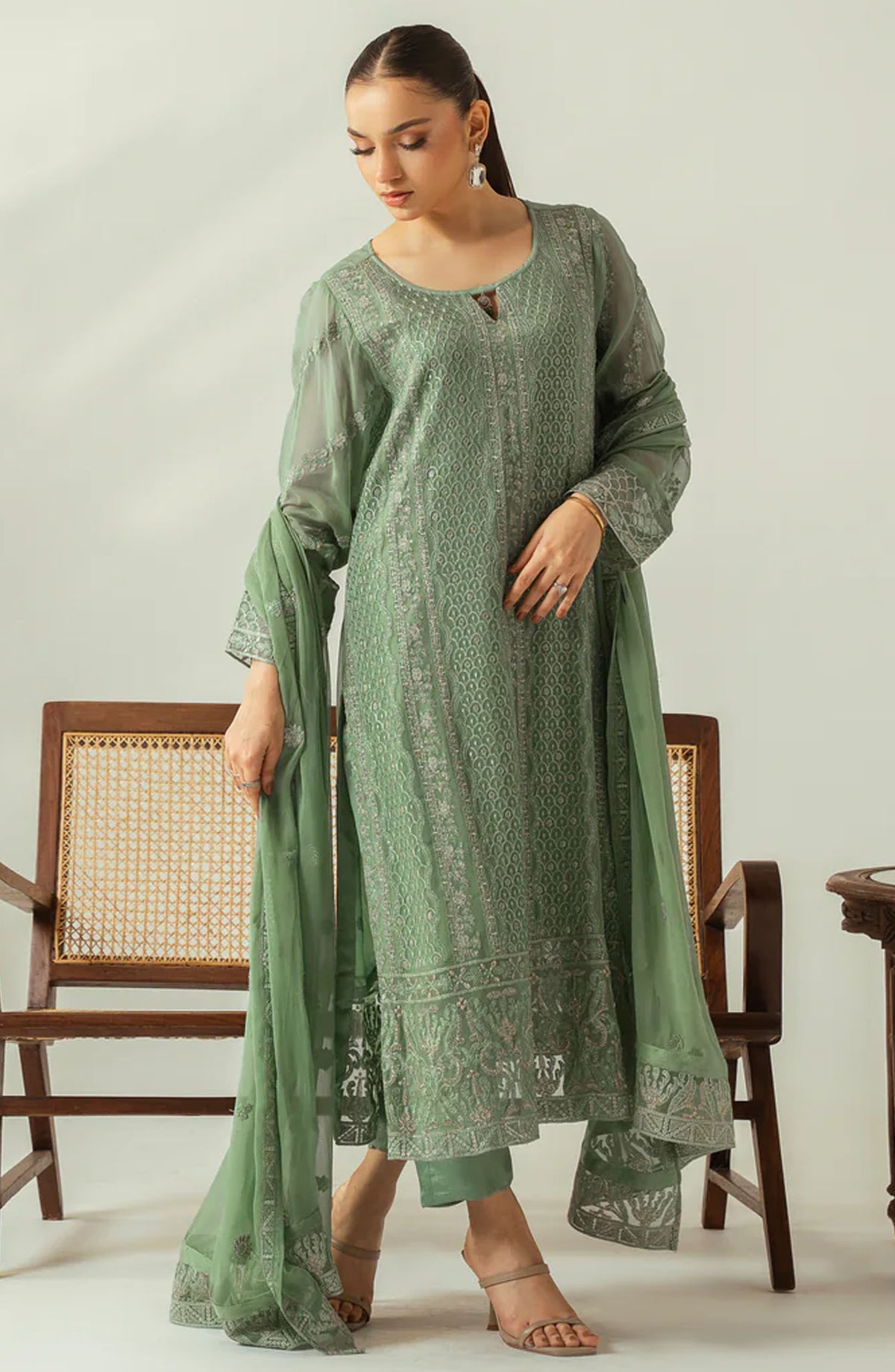 Diva by Zouj Embroidered Chiffon Unstitched 3 Piece Suit - Frosted Patel - ZJ25DFL - Green - Festive Collection