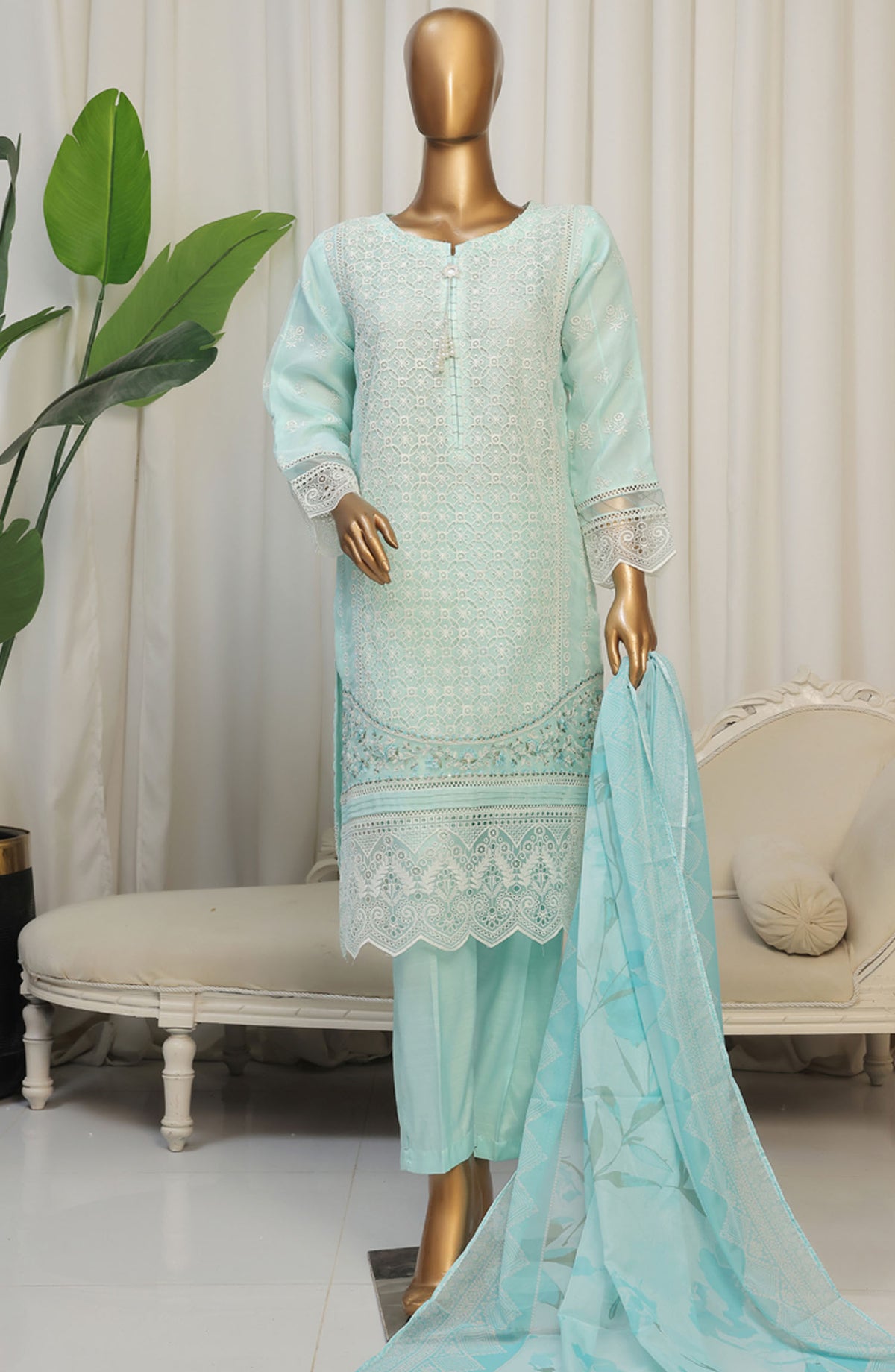 Falsafaa by HZ Textile Embroidered Organza Stitched 3 Piece Suit - HZK-179 Aqua - HZ25FHZKV6 - Blue - Festive Collection