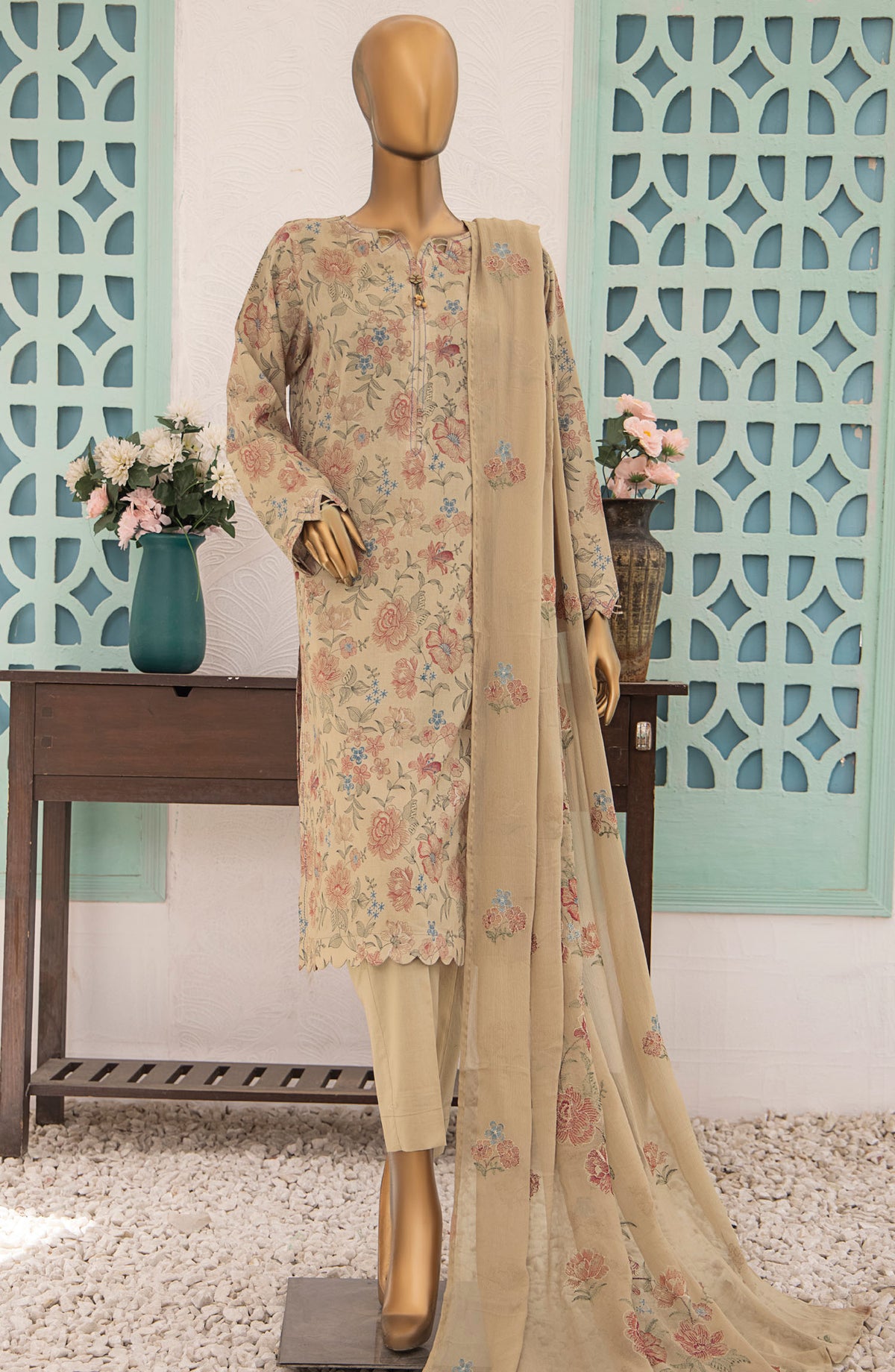 HZ Textile Printed Lawn Unstitched 3 Piece Suit - MBE-1022 - HZ25MEBE - Beige - Summer Collection
