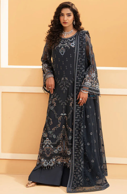 Nikhaar by Lavish Premium Embroidered Chiffon Unstitched 3 Piece Suit - Midnight Blue - LP25NIK - Black - Formal Collection