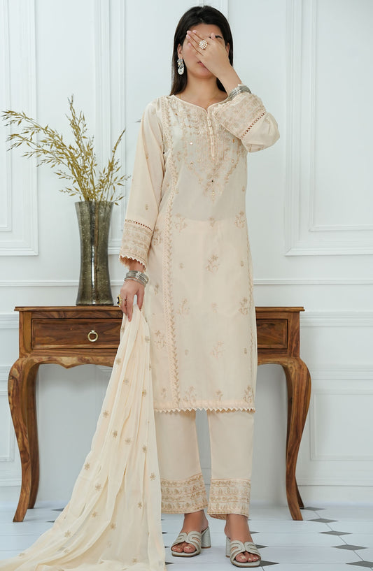 Mauve by Amna Khadija Embroidered Lawn Stitched 3 Piece Suit - MLP-09 - AM25MLPD2 - Beige - Summer Collection