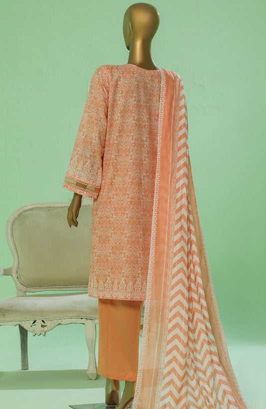 HZ Textile Chikankari Lawn Stitched 3 Piece Suit - PEC-3P-059 Salmon - HZ25PTKV3 - Orange - Eid Collection