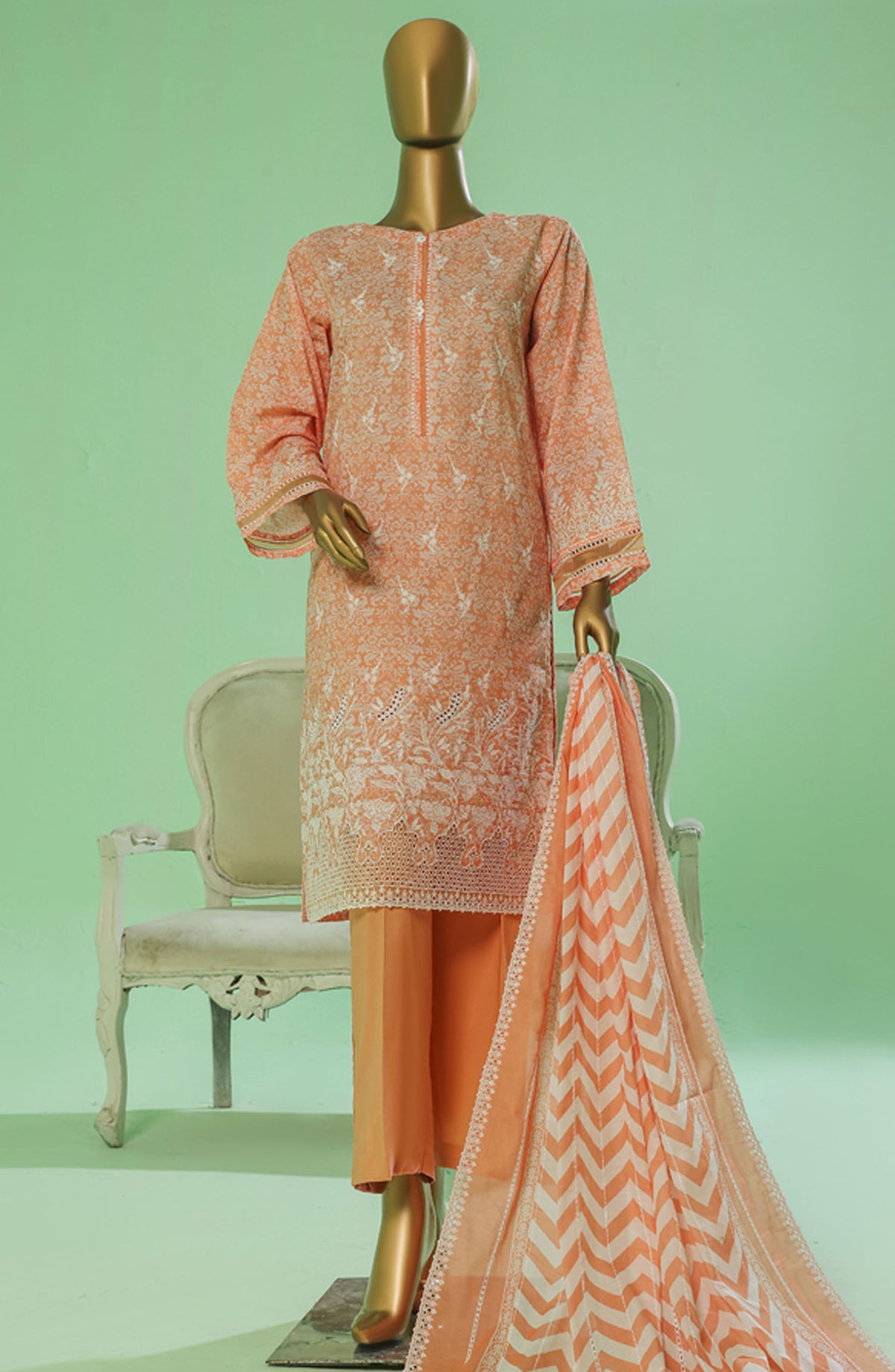 HZ Textile Chikankari Lawn Stitched 3 Piece Suit - PEC-3P-059 Salmon - HZ25PTKV3 - Orange - Eid Collection