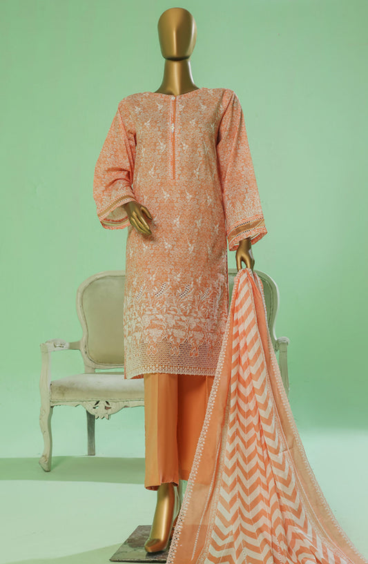 HZ Textile Chikankari Lawn Stitched 3 Piece Suit - PEC-3P-059 Salmon - HZ25PTKV3 - Orange - Eid Collection