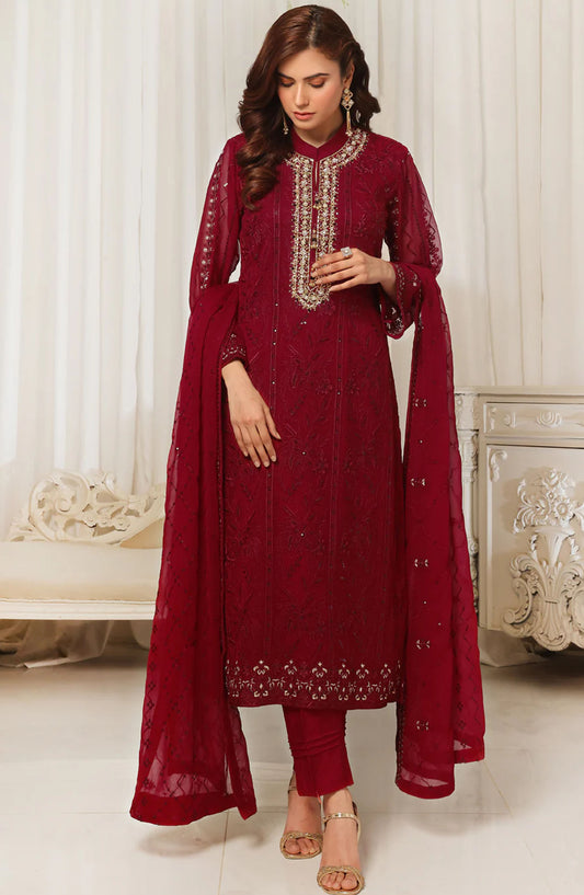Aura by Shamooz Embroidered Chiffon Stitched 3 Piece Suit - SEM-0788 - SMZ25AU - Red - Festive Collection