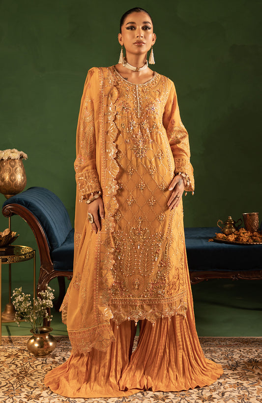 Aaraish by Diara Couture Embroidered Chiffon Stitched 3 Piece Suit - SF-15 HAYA - DC25AA - Mustard - Formal Collection