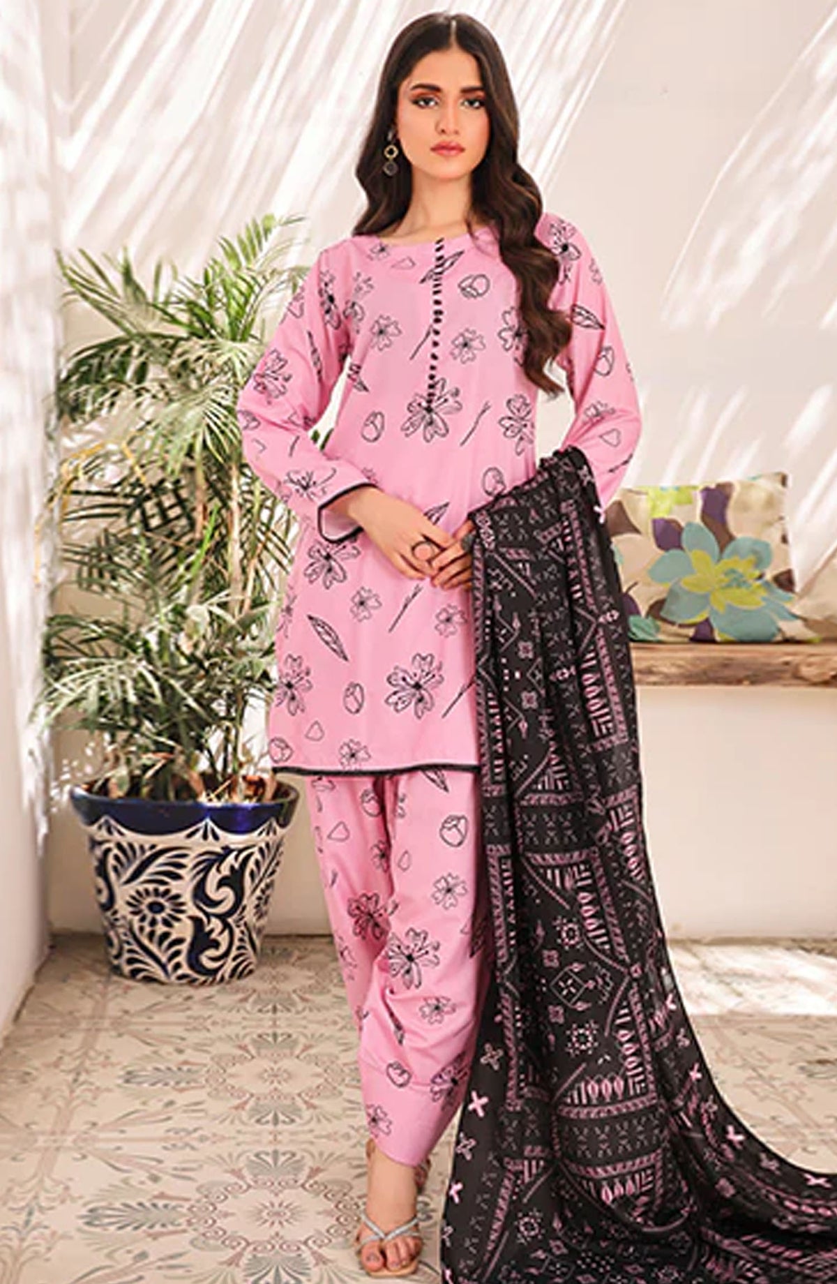 Bloom by Nazmina Printed Lawn Stitched 3 Piece Suit - Soft Bloom (LD-38) - NZM25BLV2 - Pink - Summer Collection