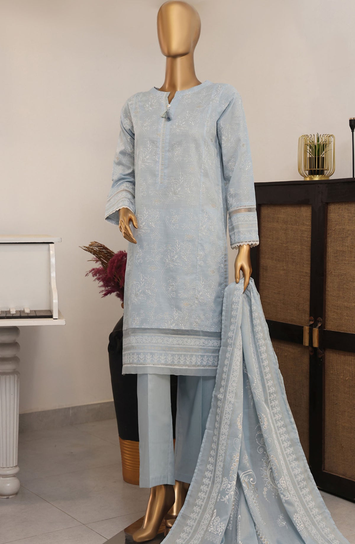 HZ Textile Printed Lawn Stitched 3 Piece Suit - SSP-3P-021 Baby Blue - HZ25FHGE - Blue - Eid Collection