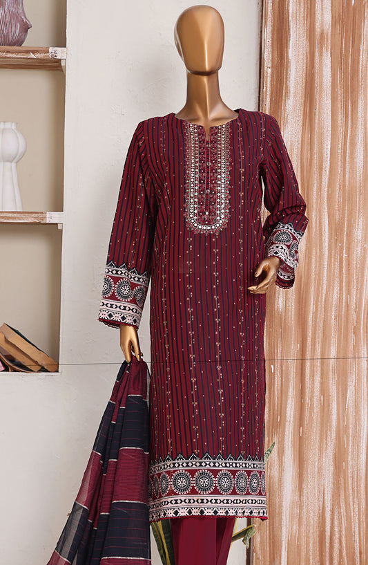 HZ Textile Embroidered Jacquard Unstitched 3 Piece Suit - TJS-1209 - HZ25TJS - Maroon - Casual Collection