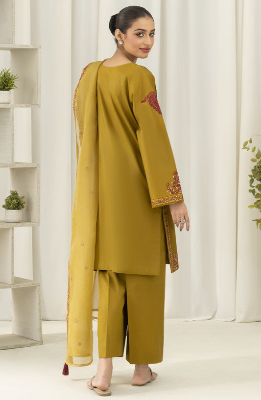 La Rosaa Embroidered Cotton Lawn Stitched - Tourmaline 3Pc - LRS25EE - Olive Golden - Casual Collection