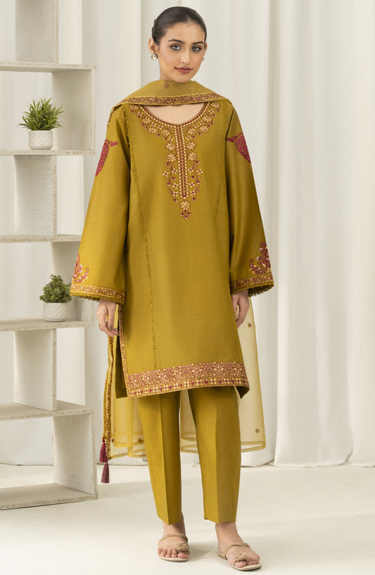 La Rosaa Embroidered Cotton Lawn Stitched - Tourmaline 3Pc - LRS25EE - Olive Golden - Casual Collection