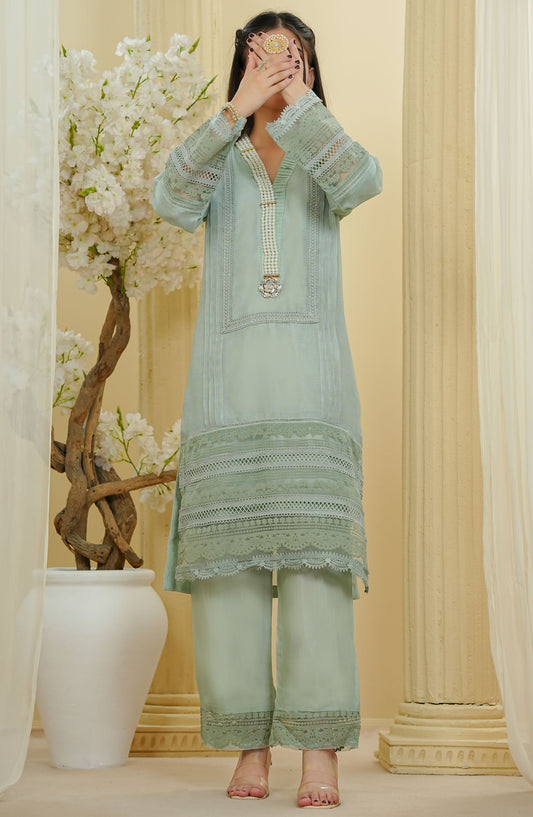 Veloure by Amna Khadija Embroidered Khaadi Net Stitched 2 Piece Suit - VLEPEW-03A - AM52VLEPEW - Green - Festive Collection