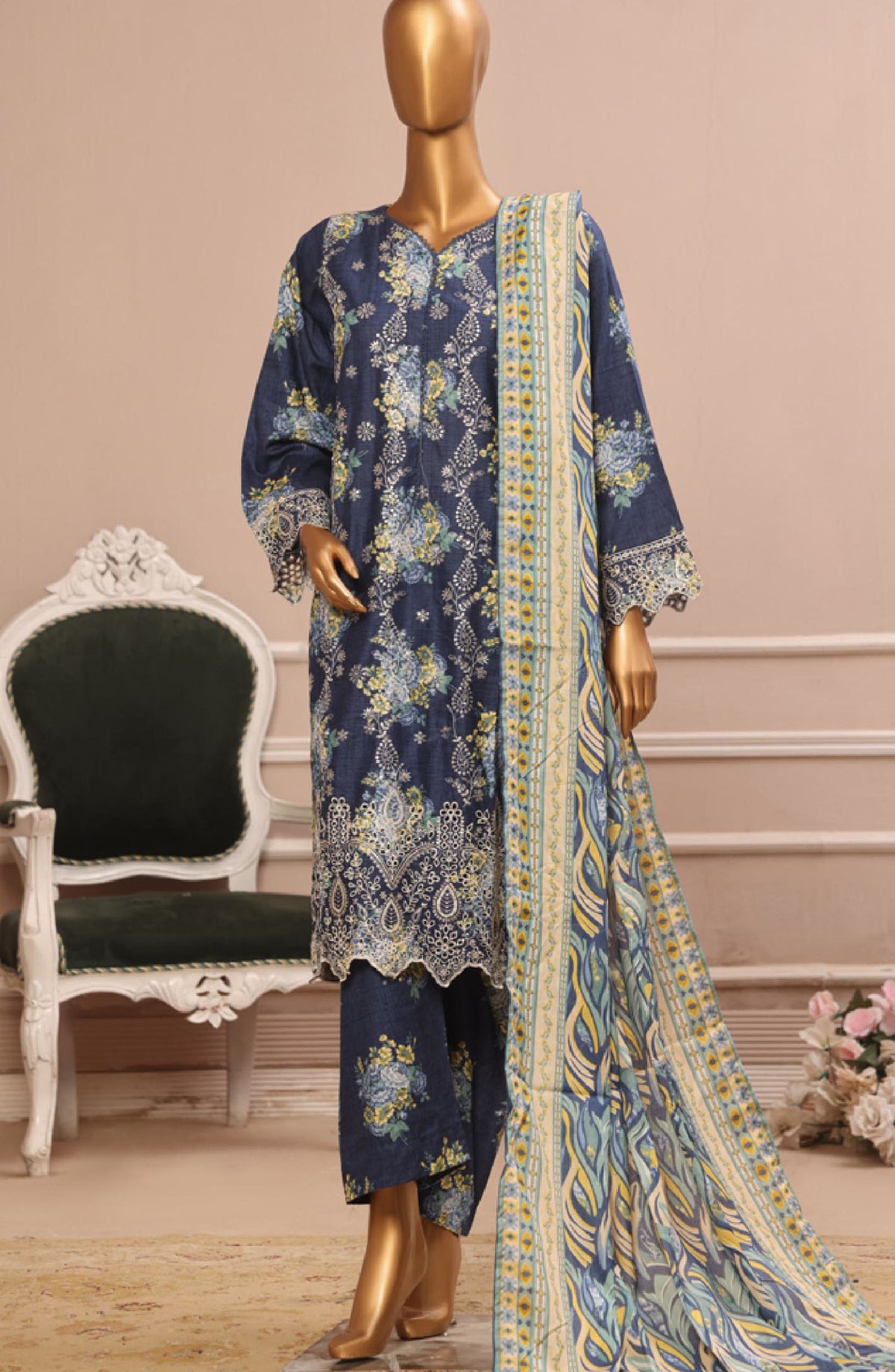 Bin Saeed Embroidered Lawn Stitched 3 Piece Suit - WC-48 - BS25EL3PCV5 - Blue - Summer Collection