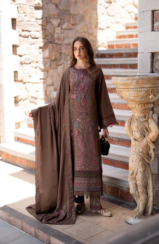 Florent Serenity Embroidered Marina Twill Unstitched 3 Piece Suit - 04 Tara - FL26SNT - Brown - Winter Collection