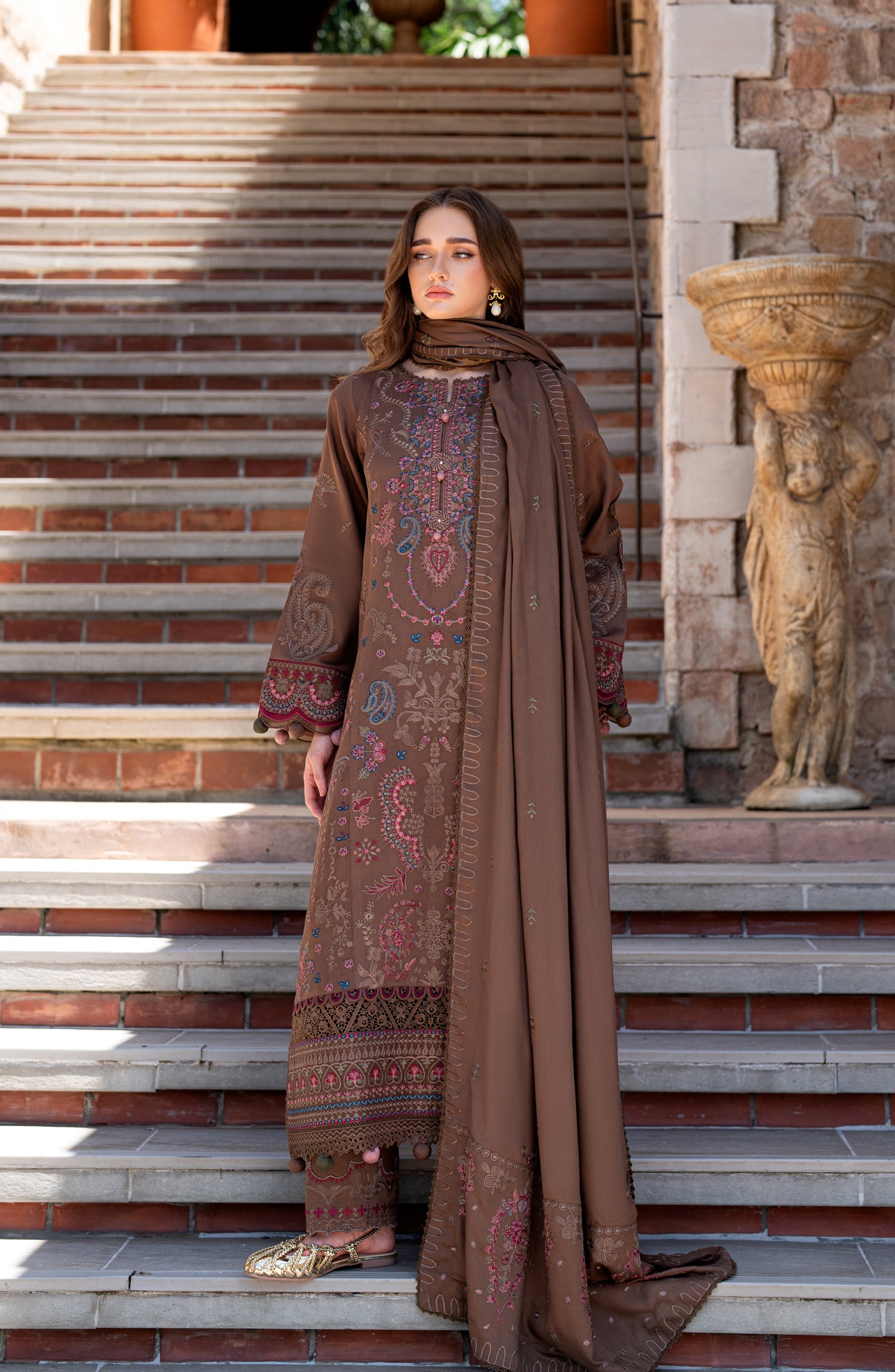 Florent Serenity Embroidered Marina Twill Unstitched 3 Piece Suit - 04 Tara - FL26SNT - Brown - Winter Collection